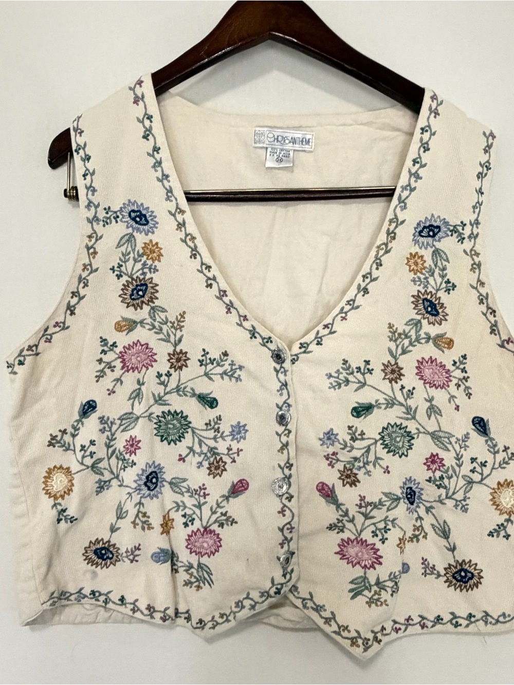 Vtg 90s Floral Embroidered Corduroy Vest Womens 2X Cottagecore Milk Made Ivory